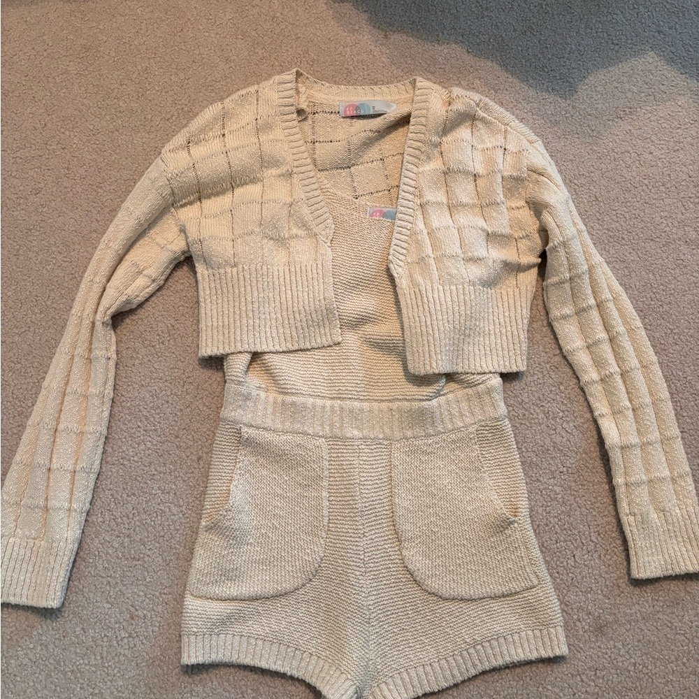 SOLD Free People Cream Chunky Knit Cardigan and Romper Set